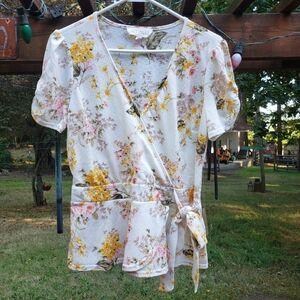 Sweet Wanderer Floral Short Sleeve Blouse (Fake Wrap Like Look W/ Tie)- Size L